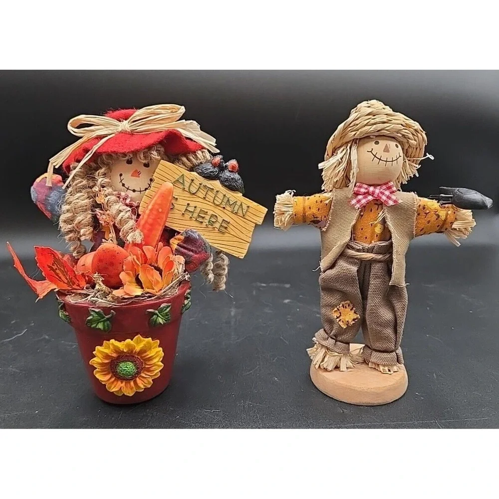 2 Vtg Country Potted Scarecrow‎ Decor Figures Thanksgiving Fall Halloween ?Avon
